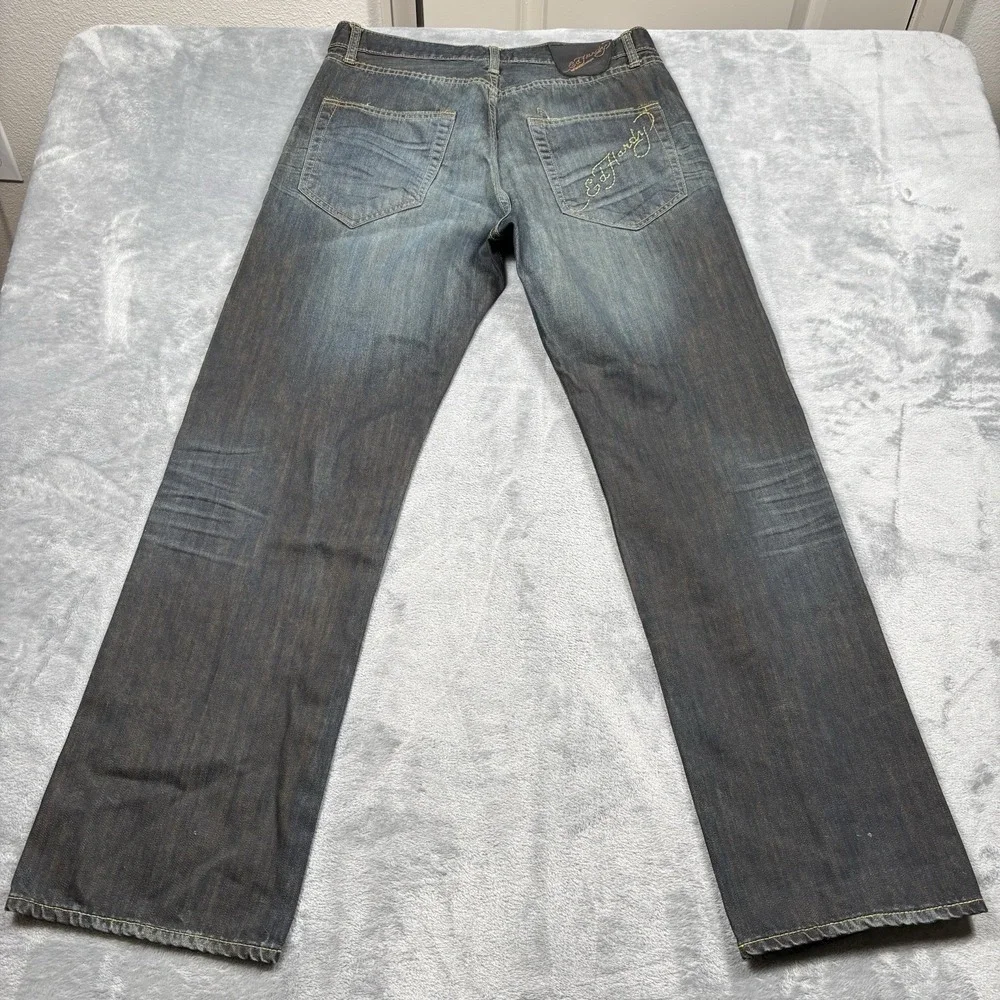 Ed Hardy Jeans Blue Harsn Eddie Original Denim Button Fly Spell Out Men's 33x32